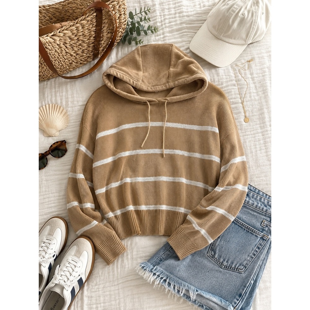 C&C California Linen Cotton Striped Hooded Sweater Tan Cream Size Large‎ Coastal